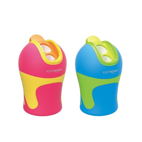 Hegyező 2 lyukú tartályos, fedeles, ceruzahegy gömbölyítő 12 db/display Keyroad Colour Special vegyes színek
