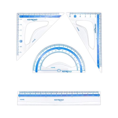 Vonalzókészlet, 15 cm, vonalzó, szögmérő, 45° és 60° háromszög vonalzók 4 db/bliszter Keyroad