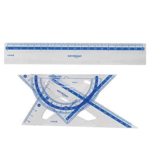 Vonalzókészlet, 20 cm, vonalzó, szögmérő, 45° és 60° háromszög vonalzók 4 db/bliszter Keyroad