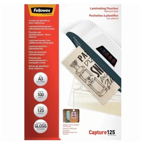 Lamináló fólia, A3, 125 mikron, fényes, 100 db/doboz, Fellowes®