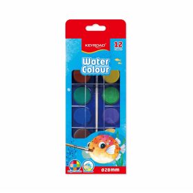   Vízfesték készlet, 12 db-os, 28 mm festékgombokkal, ecsettel, Keyroad