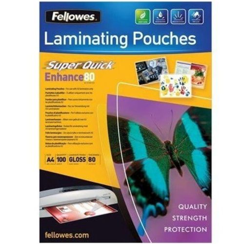 Lamináló fólia, A4, 80 mikron, fényes, 100 db/doboz, SuperQuick Fellowes®