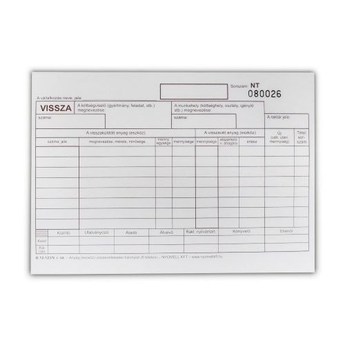 Készlet visszavételezési bizonylat 8 tételes 25x4 lapos tömb A/5 fekvő B.12-123/V Bluering