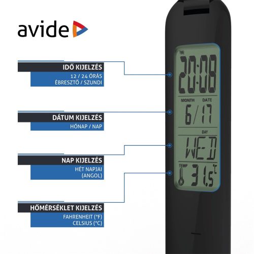 Asztali LED lámpa, kijelzővel, 5W, 4000K, AVIDE, fekete