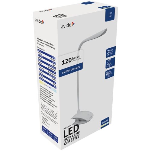 Asztali LED lámpa, csiptethető, 1,5W, 6400K, AVIDE, fehér