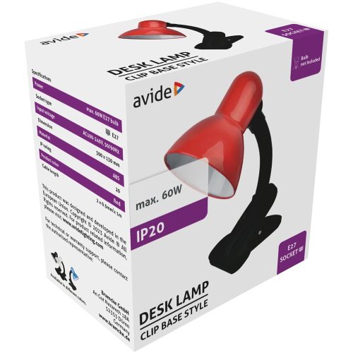 Asztali lámpa, Basic csiptethető, max. 60W, AVIDE, piros