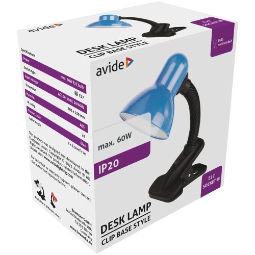 Asztali lámpa, Basic csiptethető, max. 60W, AVIDE, kék