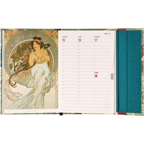 Határidőnapló mágnessel záródó, heti, fehér lapokkal Alphonse Mucha 110x160mm, Presco