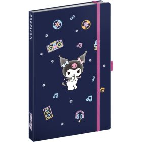   Keménytáblás notesz krémszínű lapokkal, vonalas, leszorító gumiszalaggal Kuromi 130x210mm, Presco