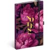 Keménytáblás notesz krémszínű lapokkal, vonalas, leszorító gumiszalaggal Purple Flowers 130x210mm, Presco