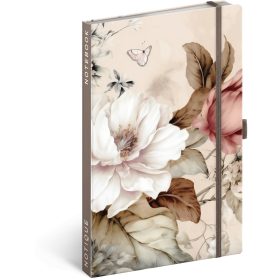   Keménytáblás notesz krémszínű lapokkal, vonalas, leszorító gumiszalaggal Powder Flower 130x210mm, Presco