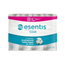   Toalettpapír 3 rétegű kistekercses 100% cellulóz 120 lap/tekercs 14m/tekercs 24 tekercs/csomag Esentis Clean