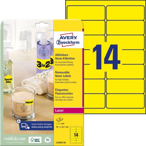 Etikett címke, 99,1 x38,1mm, visszaszedhető, neon 14 címke/ív, 25 ív/doboz, Avery sárga